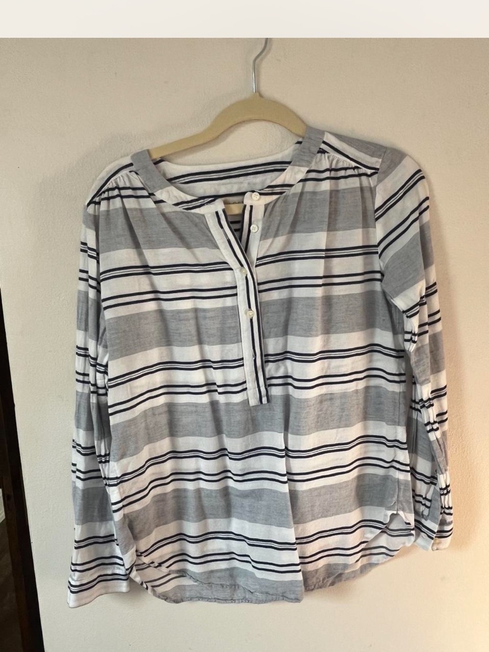 LOFT Gray and White Striped Button Henley